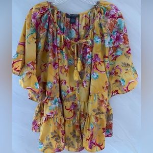 Chelsea & Theodore L Yellow/Multi Floral Beaded Tassel Short SleeveTiered Blouse